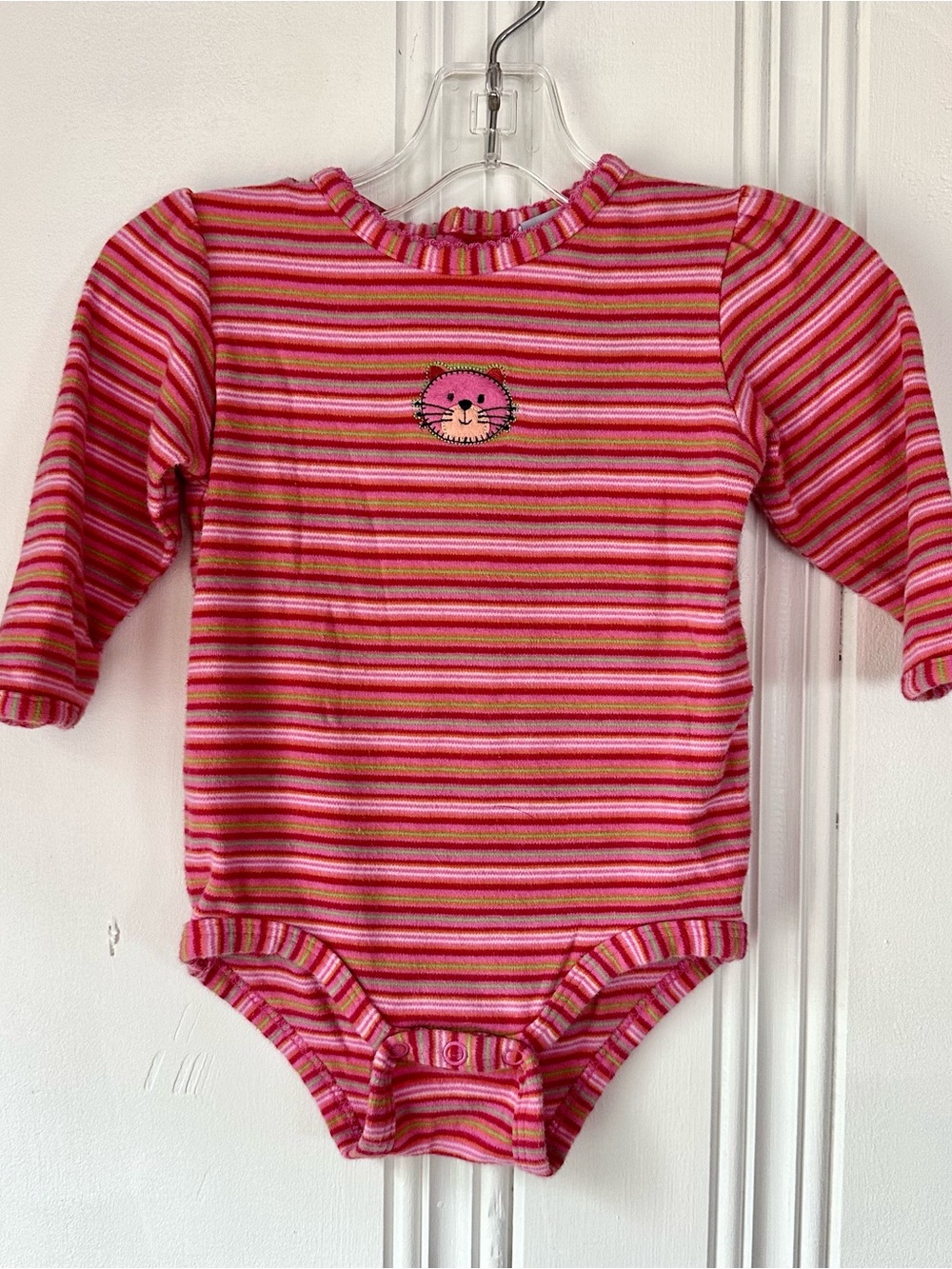 okie dokie Pink Multi Stripe Long-Sleeve Bodysuit with Kitty Patch